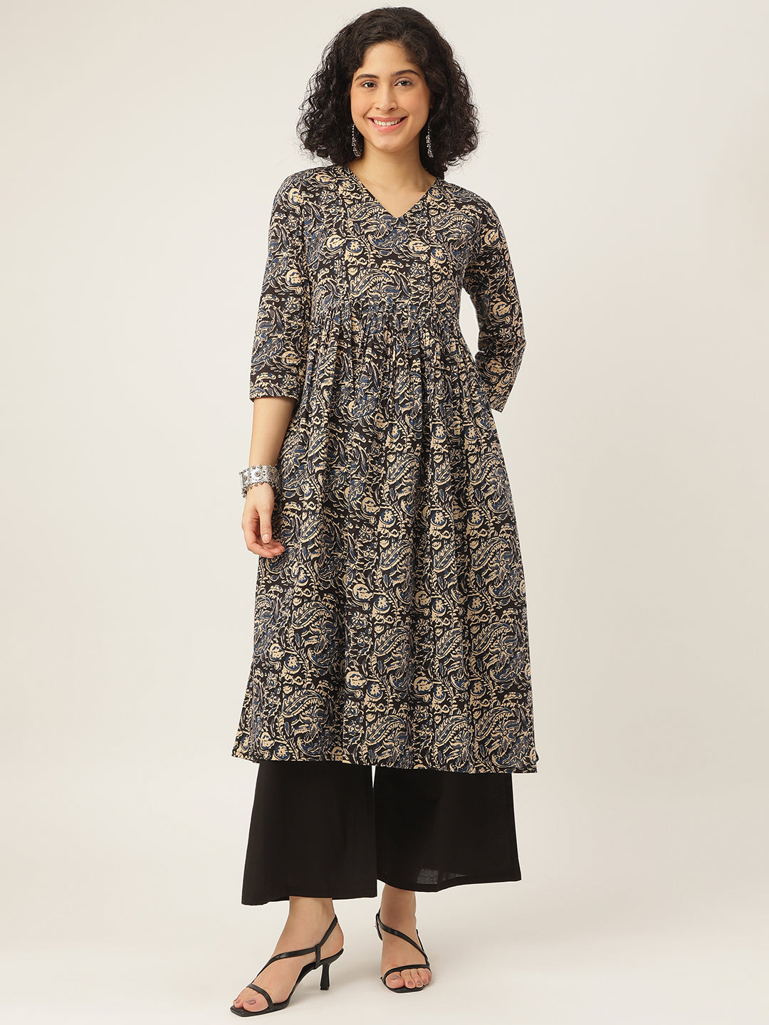 Black Kalamkari Printed Anarkali Cotton Kurta Set