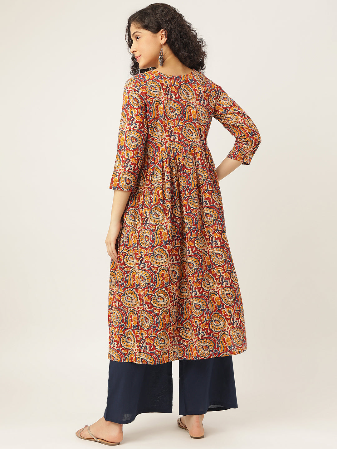 Maroon Kalamkari Printed Anarkali Cotton Kurta Set