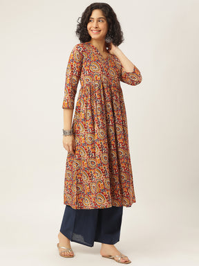 Maroon Kalamkari Printed Anarkali Cotton Kurta Set