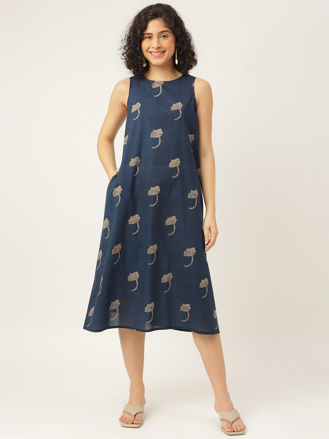 Navy Blue Printed Sleeveless A-Line Cotton Dress