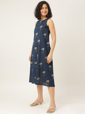 Navy Blue Printed Sleeveless A-Line Cotton Dress