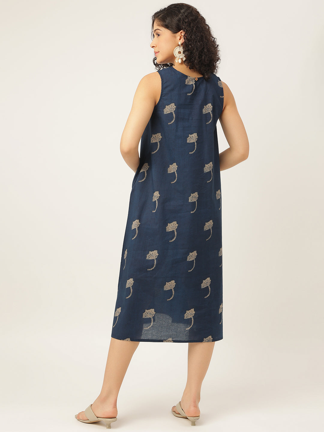 Navy Blue Printed Sleeveless A-Line Cotton Dress