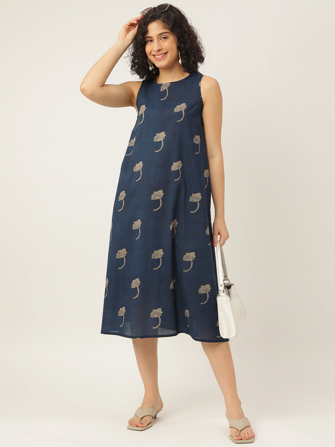 Navy Blue Printed Sleeveless A-Line Cotton Dress