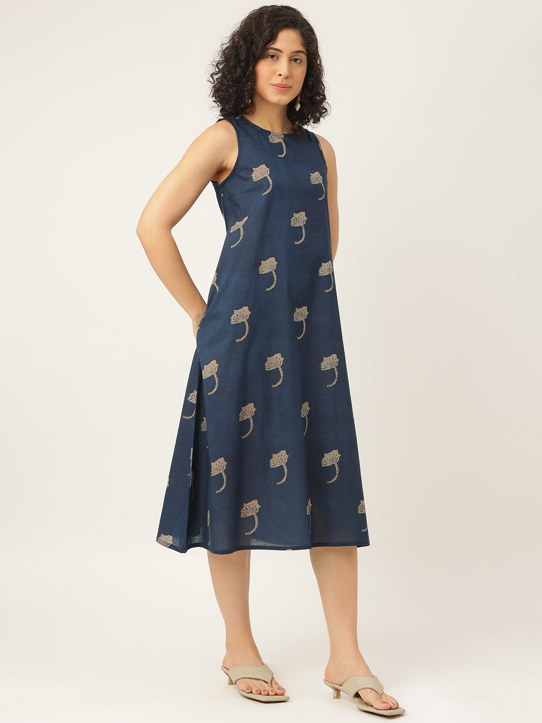 Navy Blue Printed Sleeveless A-Line Cotton Dress