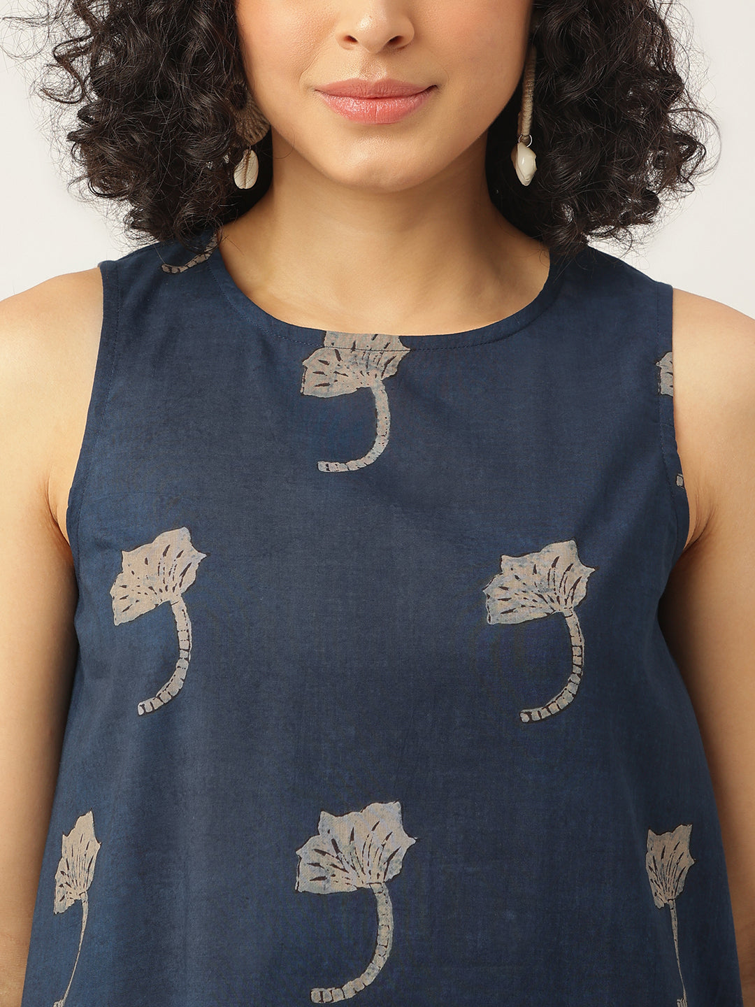 Navy Blue Printed Sleeveless A-Line Cotton Dress