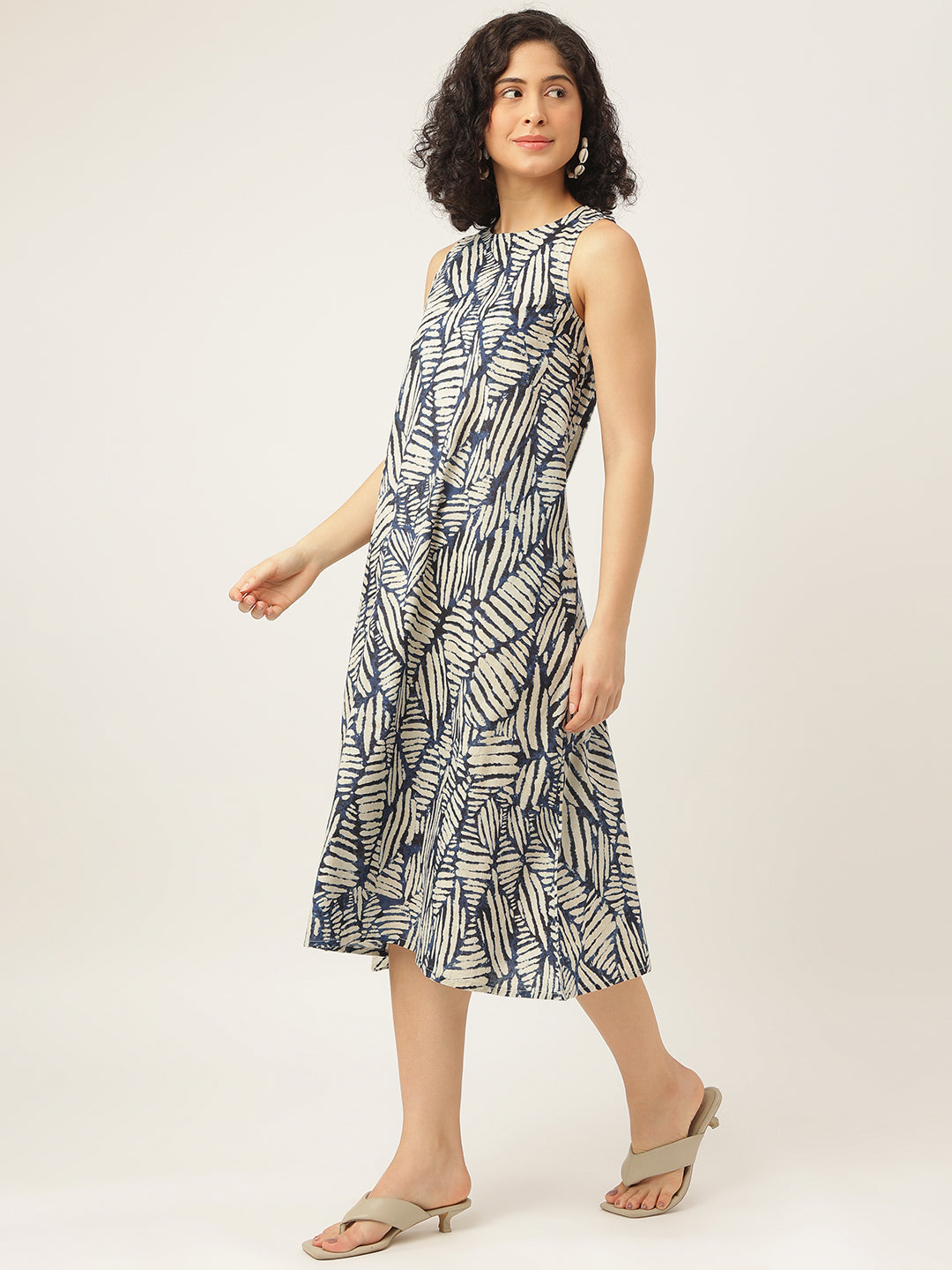 White and Blue Printed Sleeveless A-Line Cotton Dress