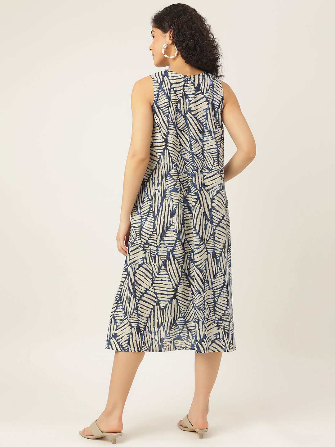 White and Blue Printed Sleeveless A-Line Cotton Dress