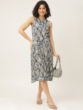 White and Blue Printed Sleeveless A-Line Cotton Dress