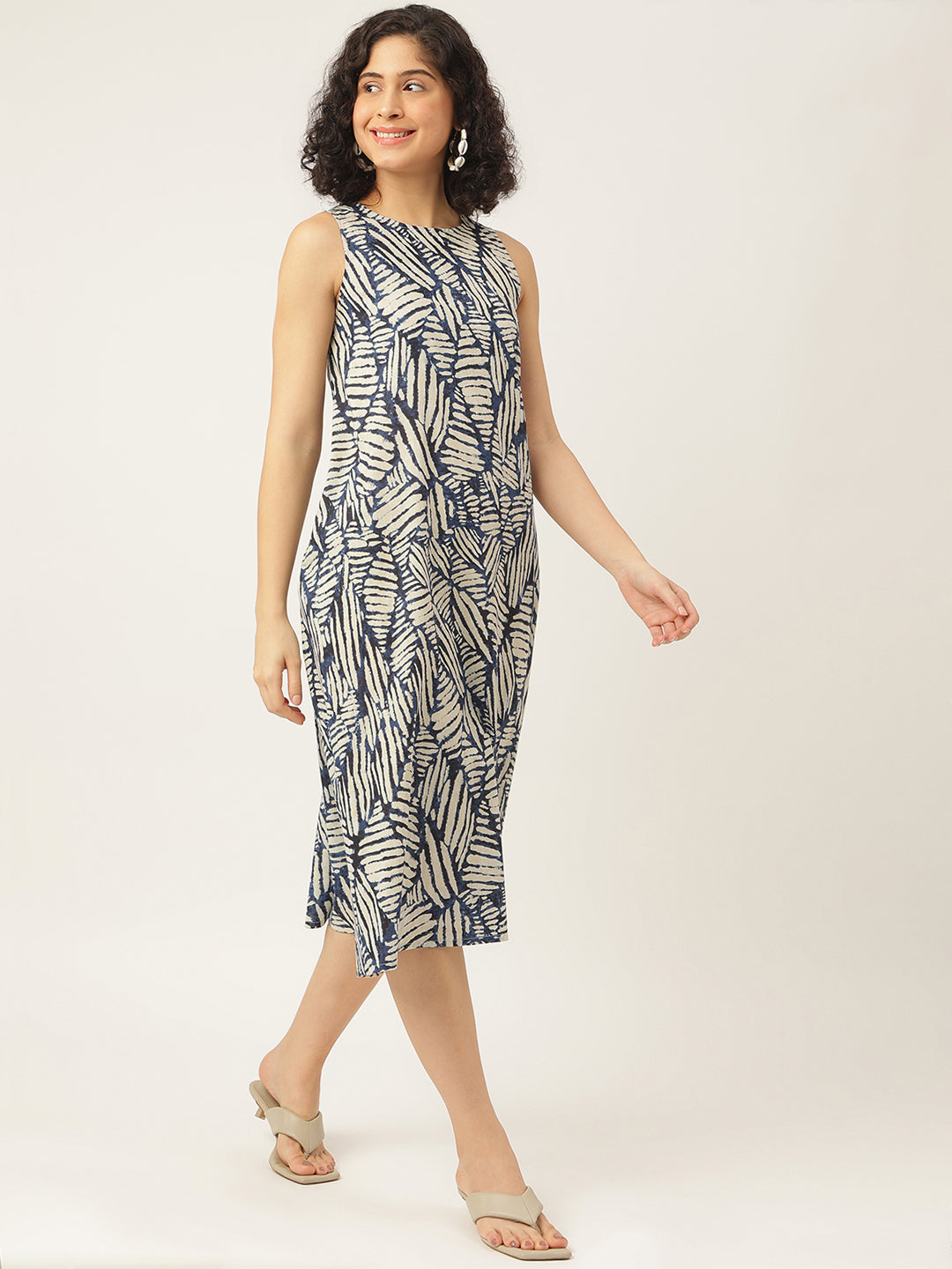 White and Blue Printed Sleeveless A-Line Cotton Dress