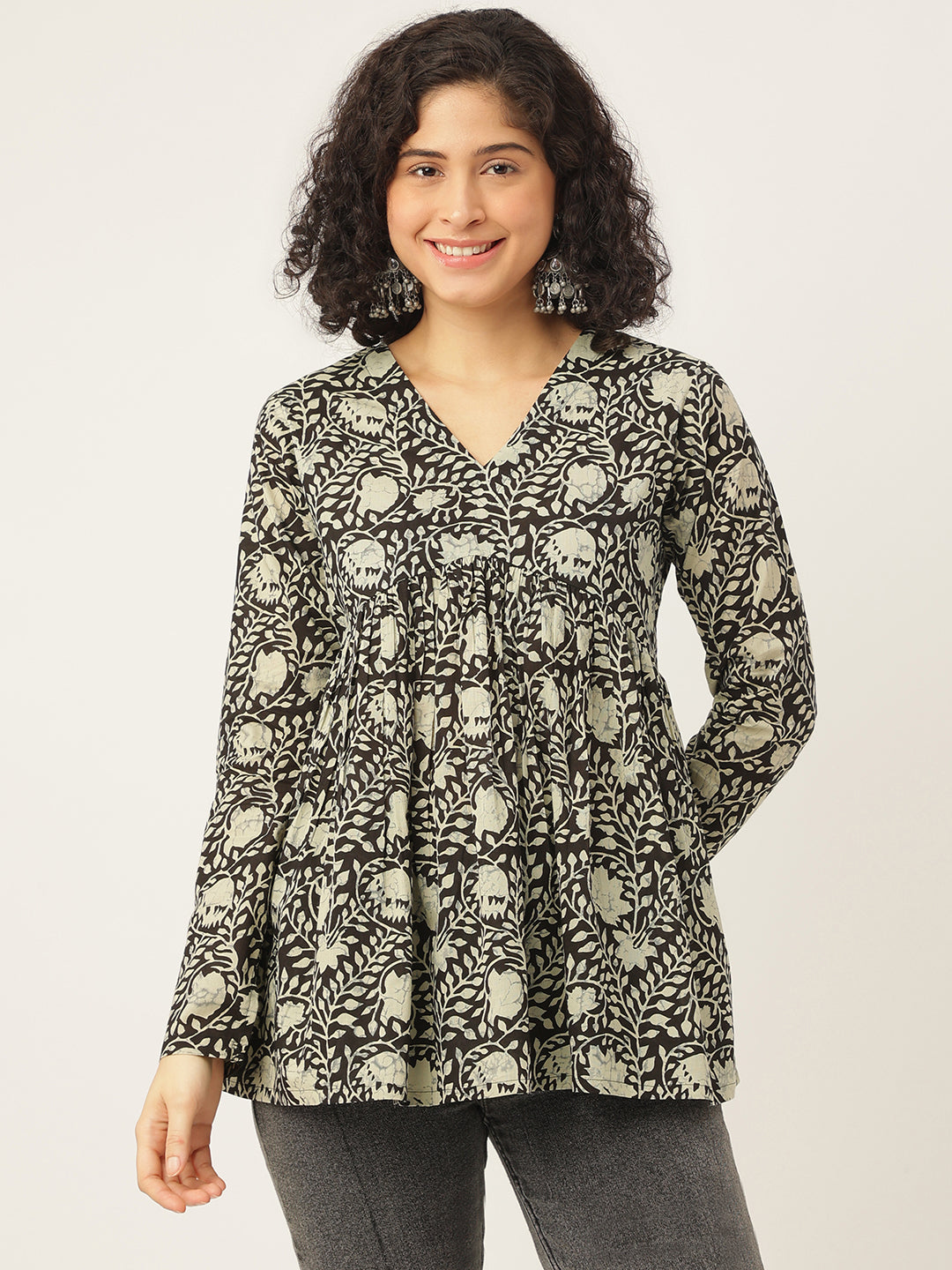 Black Printed Full Sleeves Alia Cut Cotton Top