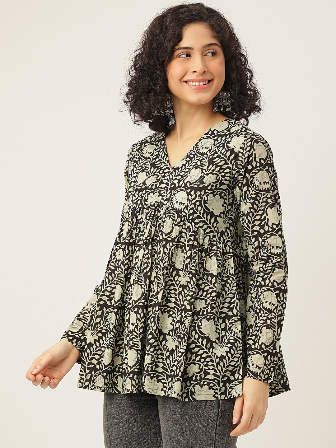 Black Printed Full Sleeves Alia Cut Cotton Top