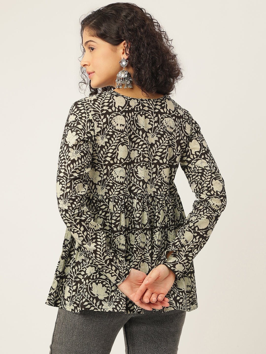 Black Printed Full Sleeves Alia Cut Cotton Top