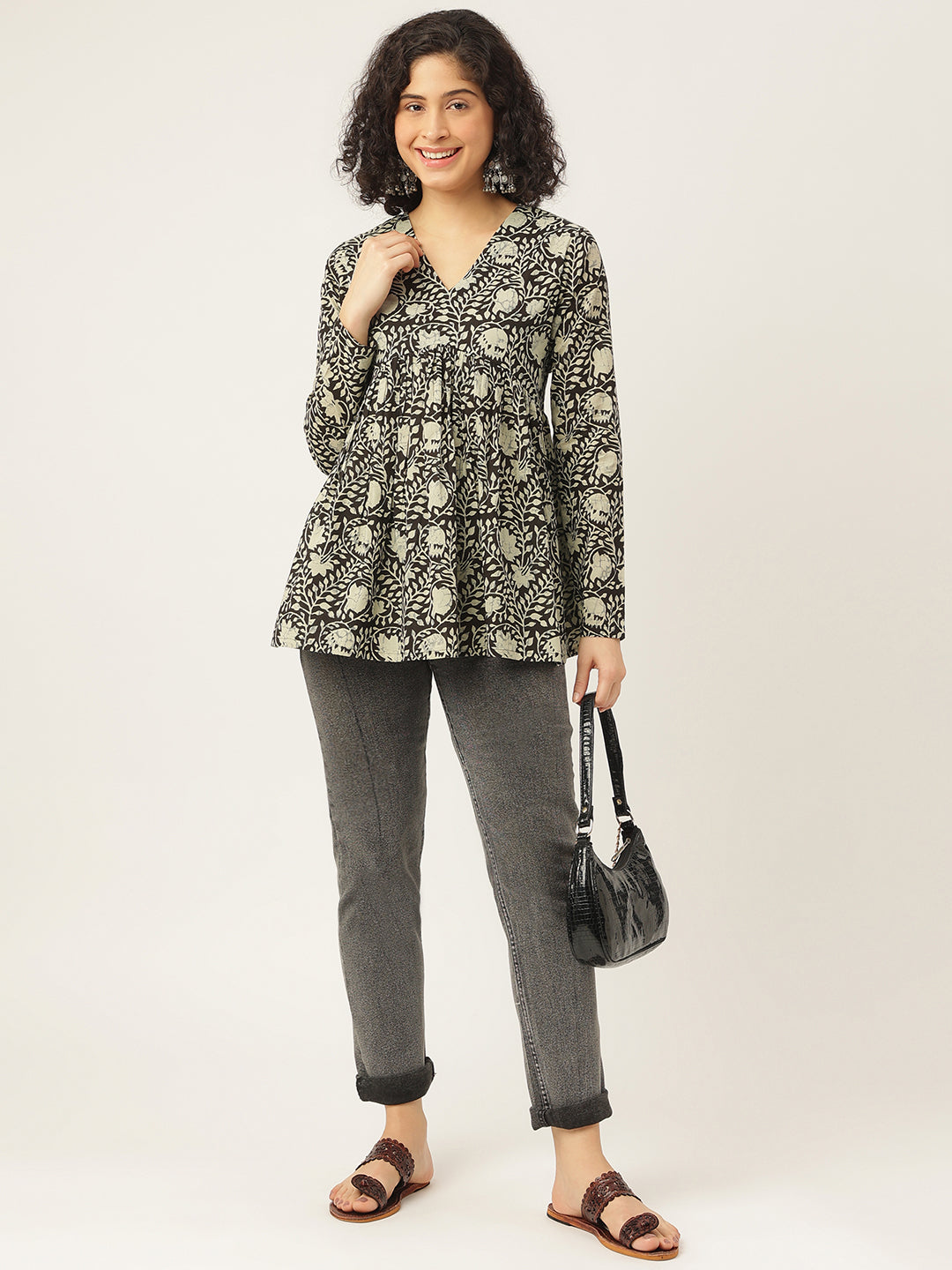 Black Printed Full Sleeves Alia Cut Cotton Top