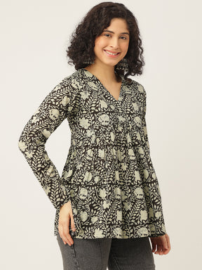 Black Printed Full Sleeves Alia Cut Cotton Top