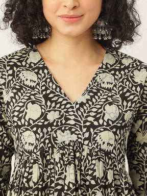 Black Printed Full Sleeves Alia Cut Cotton Top