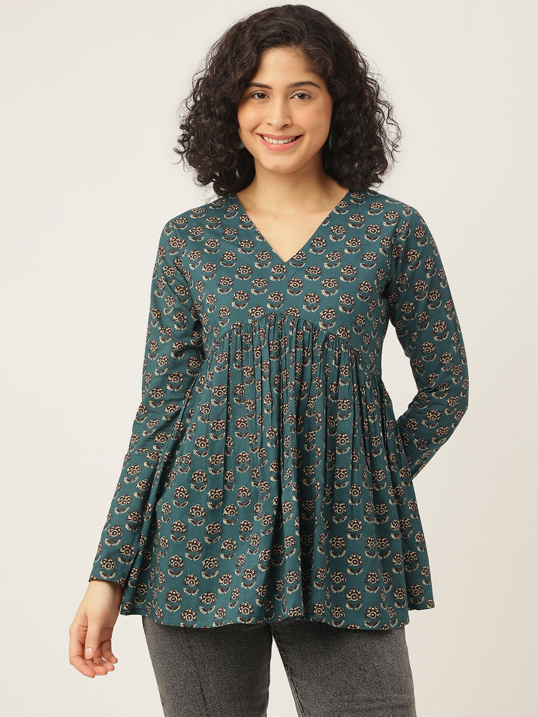 Teal Green Printed Full Sleeves Alia Cut Cotton Top