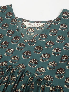 Teal Green Printed Full Sleeves Alia Cut Cotton Top