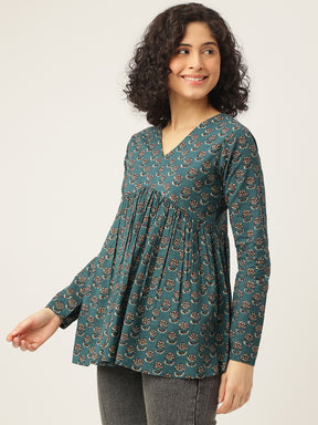 Teal Green Printed Full Sleeves Alia Cut Cotton Top