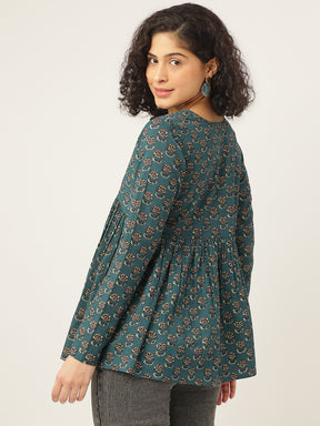 Teal Green Printed Full Sleeves Alia Cut Cotton Top