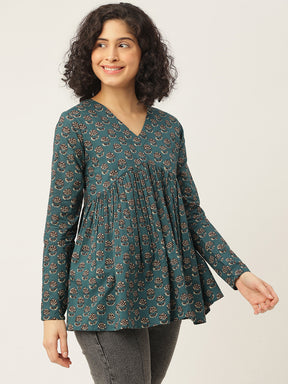 Teal Green Printed Full Sleeves Alia Cut Cotton Top