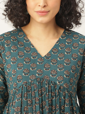 Teal Green Printed Full Sleeves Alia Cut Cotton Top