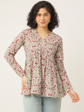 White Printed Full Sleeves Alia Cut Cotton Top