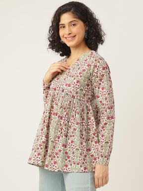 White Printed Full Sleeves Alia Cut Cotton Top