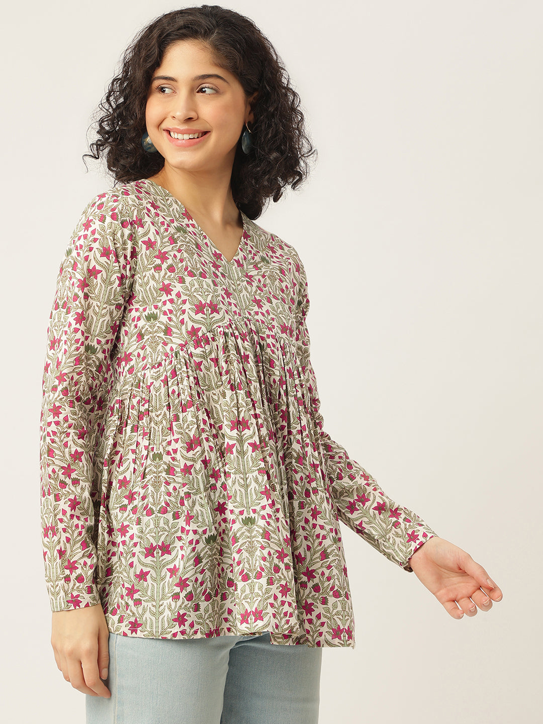 White Printed Full Sleeves Alia Cut Cotton Top