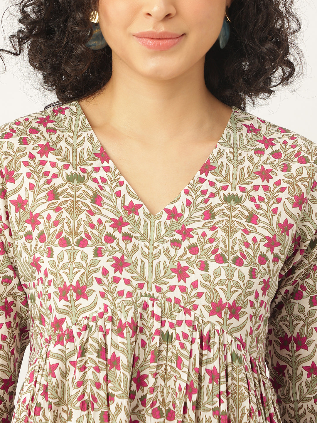 White Printed Full Sleeves Alia Cut Cotton Top