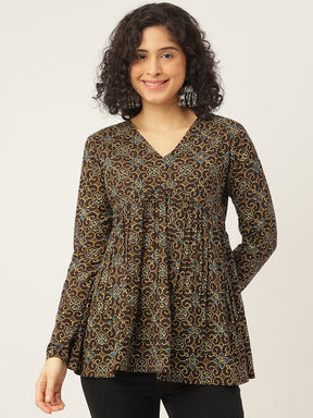 Dark Brown Printed Full Sleeves Alia Cut Cotton Top