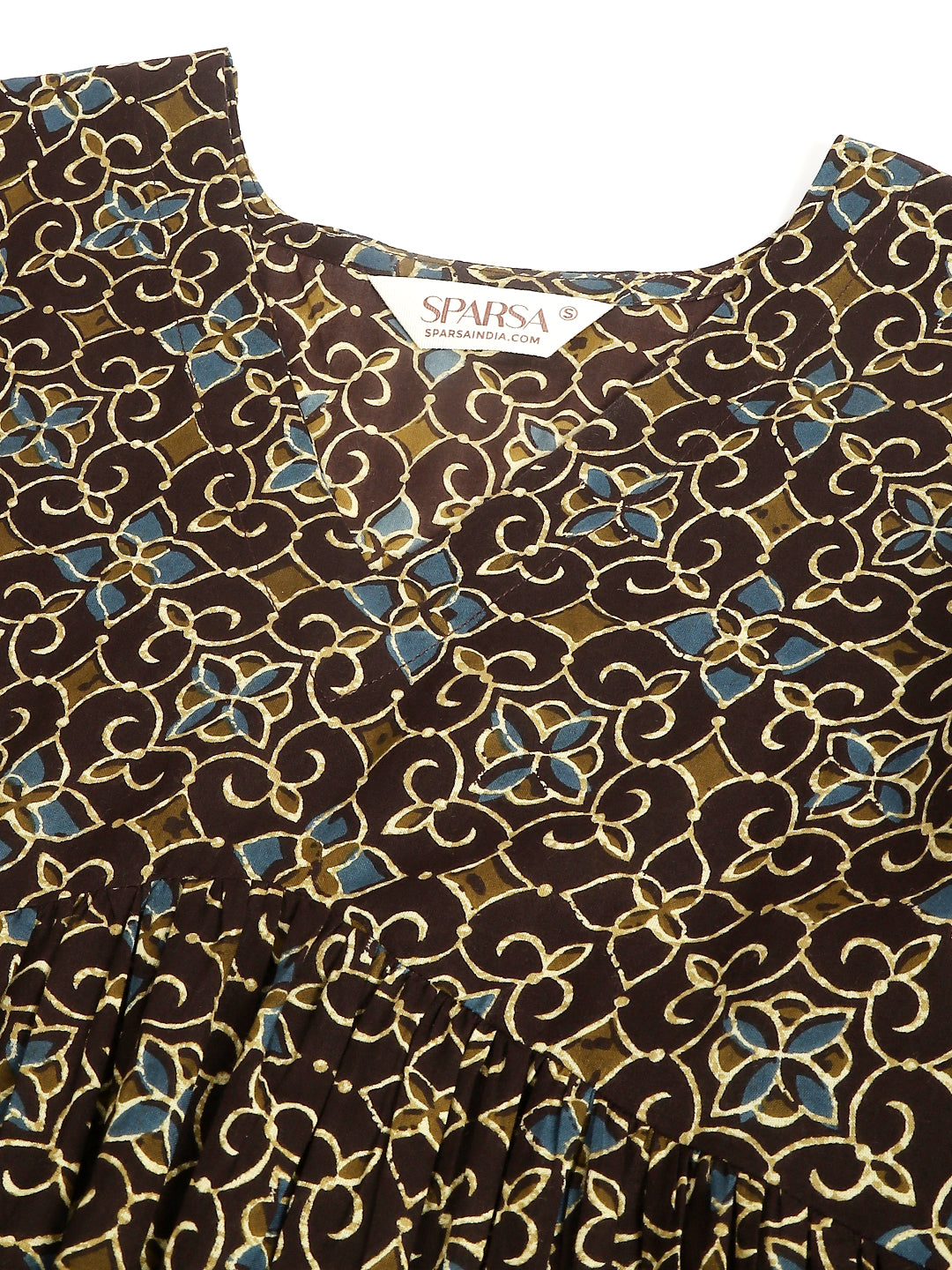 Dark Brown Printed Full Sleeves Alia Cut Cotton Top