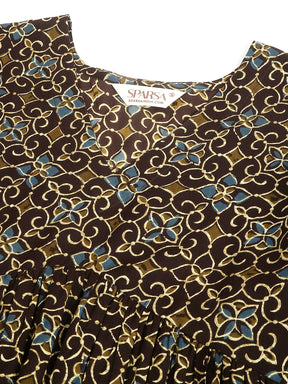 Dark Brown Printed Full Sleeves Alia Cut Cotton Top