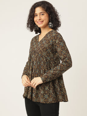 Dark Brown Printed Full Sleeves Alia Cut Cotton Top