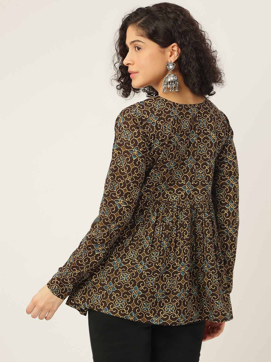 Dark Brown Printed Full Sleeves Alia Cut Cotton Top