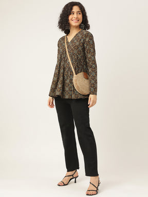 Dark Brown Printed Full Sleeves Alia Cut Cotton Top