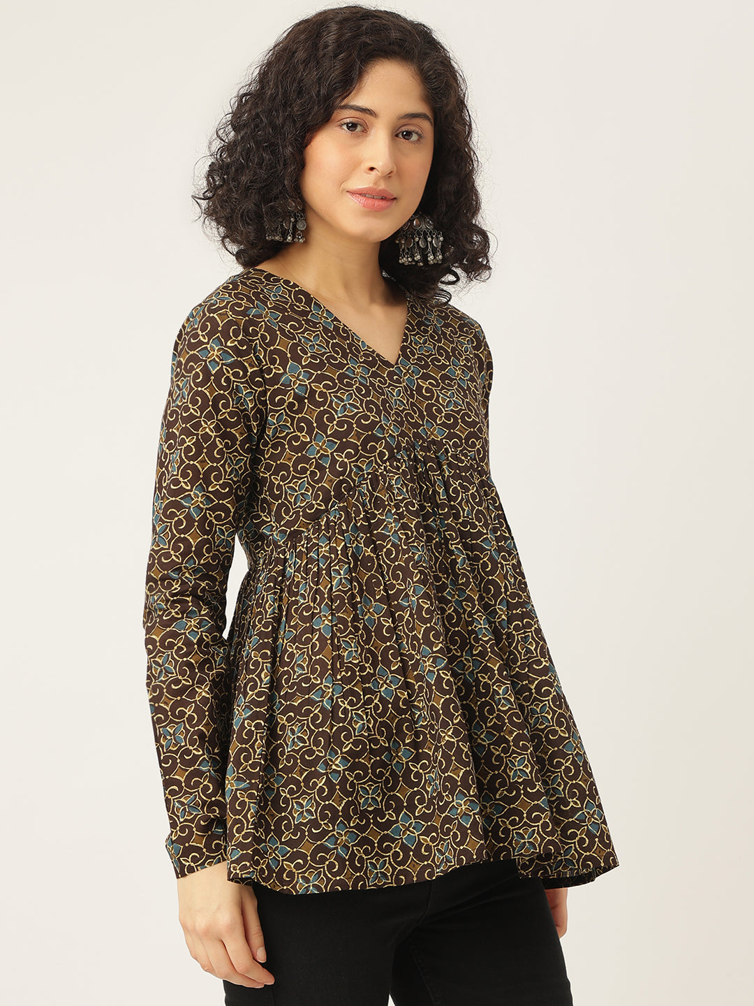 Dark Brown Printed Full Sleeves Alia Cut Cotton Top