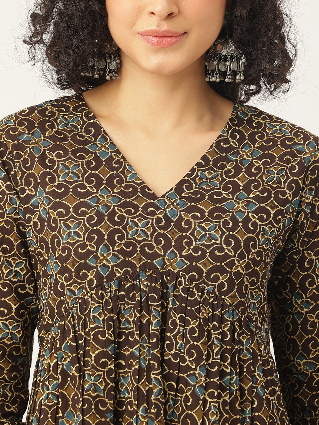 Dark Brown Printed Full Sleeves Alia Cut Cotton Top