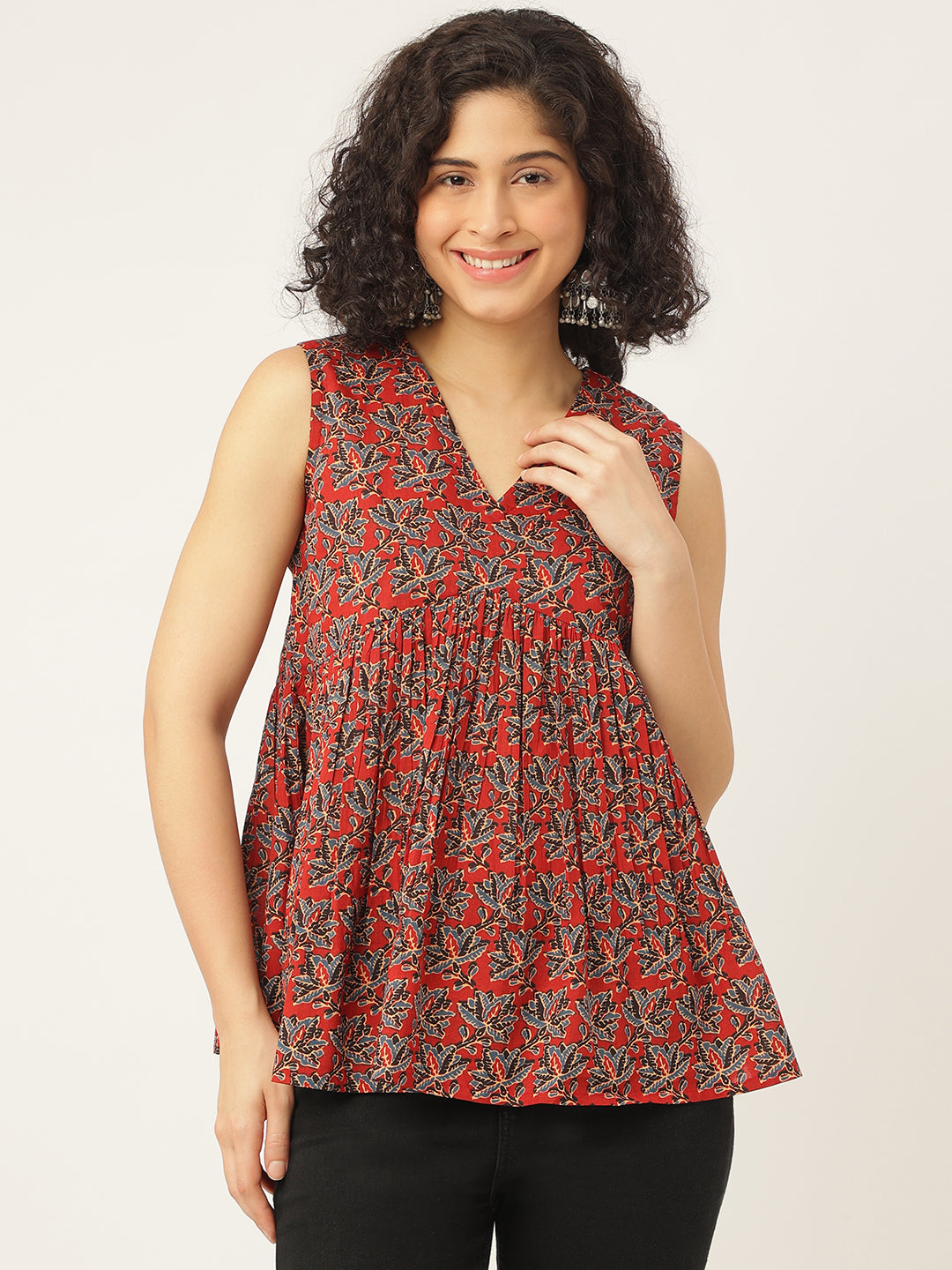 Maroon Printed Sleeveless Alia Cut Cotton Top