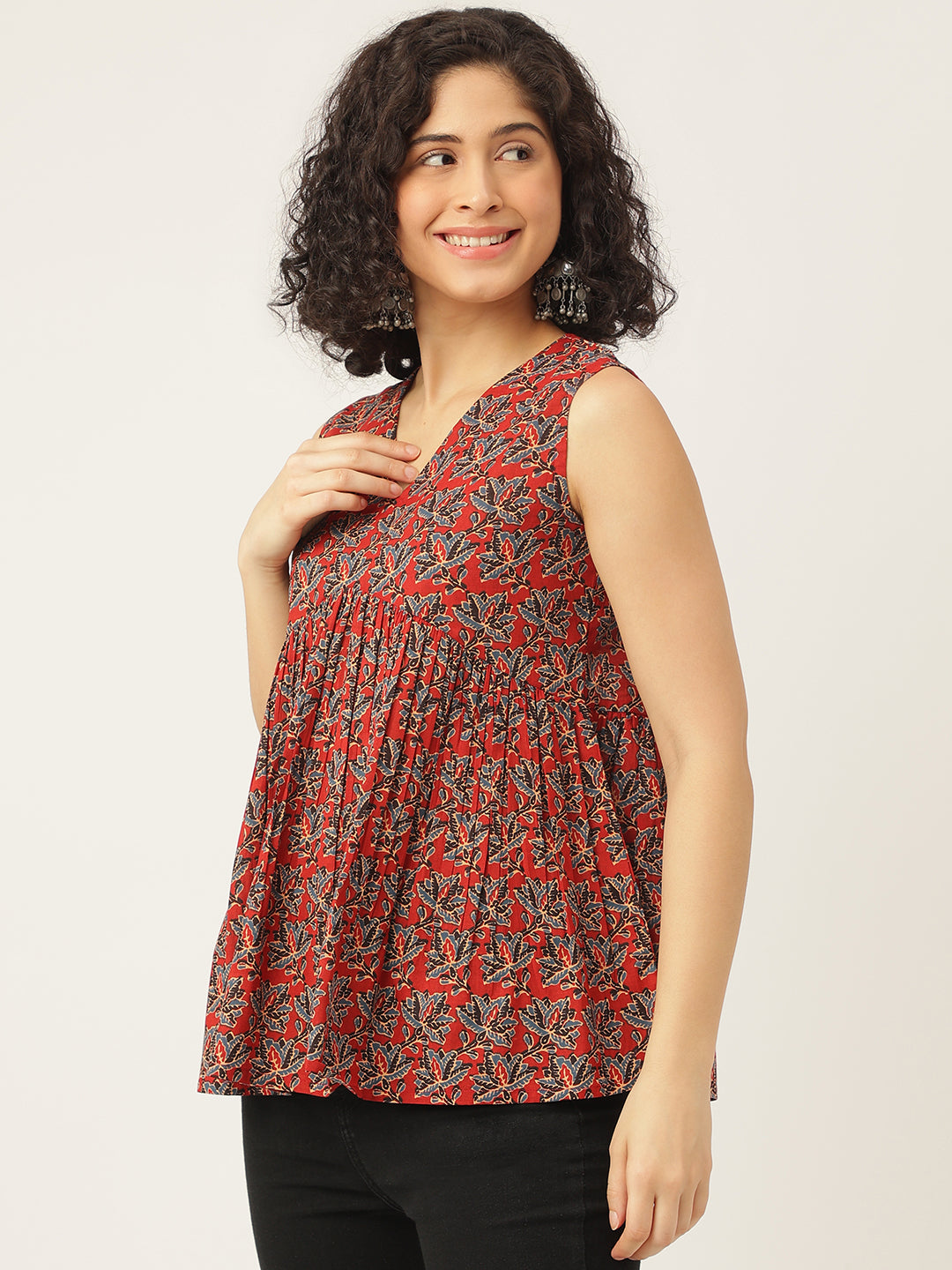 Maroon Printed Sleeveless Alia Cut Cotton Top