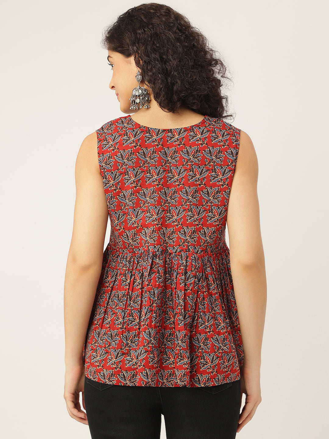 Maroon Printed Sleeveless Alia Cut Cotton Top