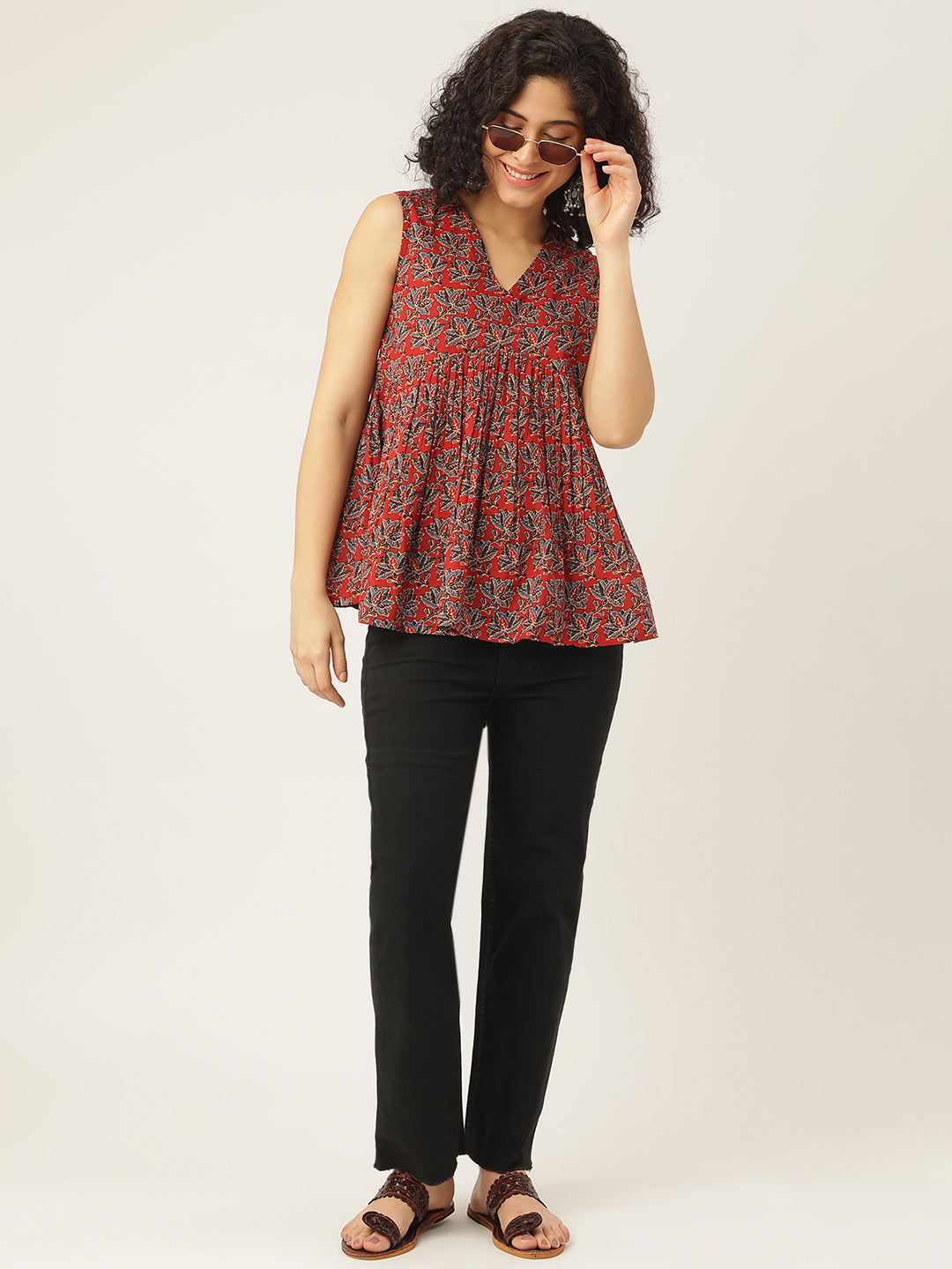 Maroon Printed Sleeveless Alia Cut Cotton Top