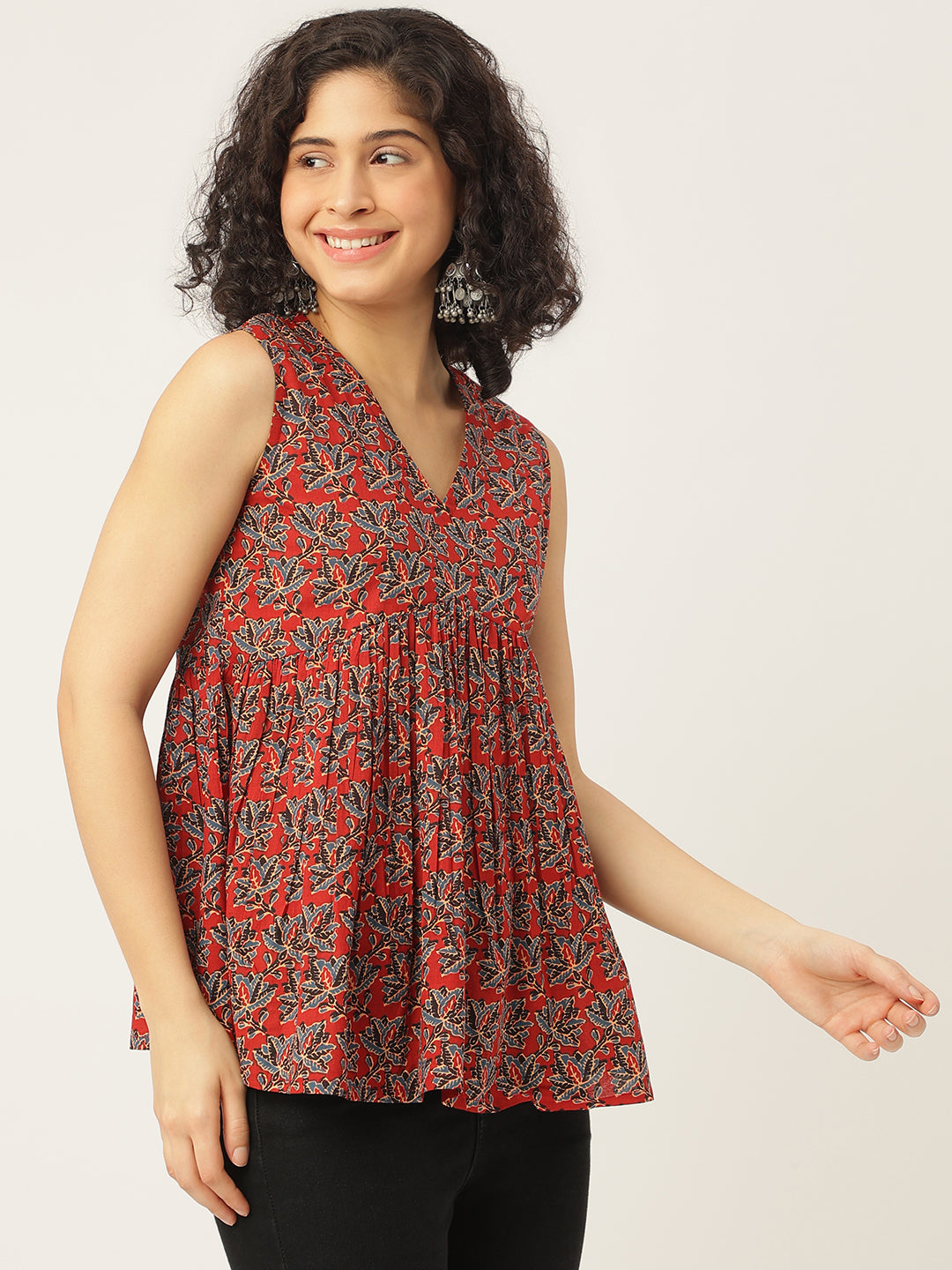 Maroon Printed Sleeveless Alia Cut Cotton Top