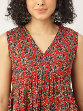 Maroon Printed Sleeveless Alia Cut Cotton Top