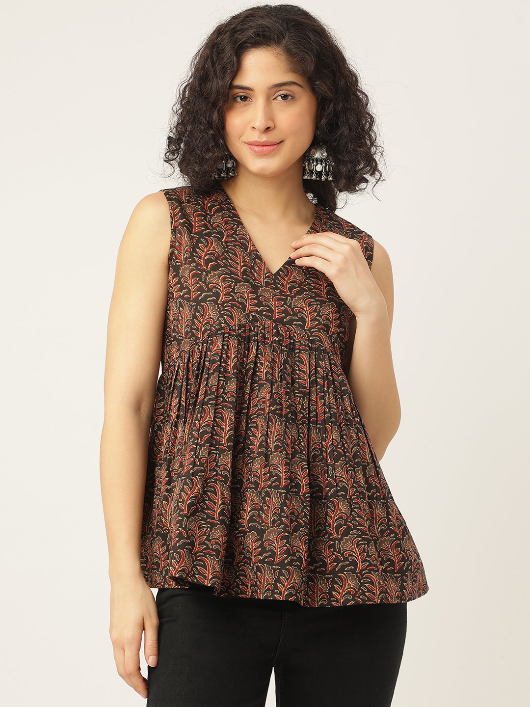 Black Printed Sleeveless Alia Cut Cotton Top