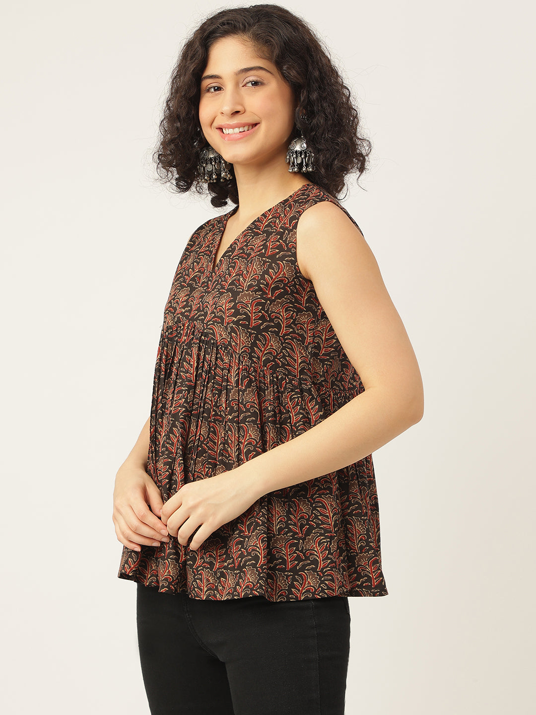 Black Printed Sleeveless Alia Cut Cotton Top