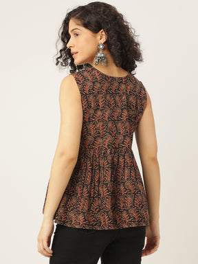 Black Printed Sleeveless Alia Cut Cotton Top