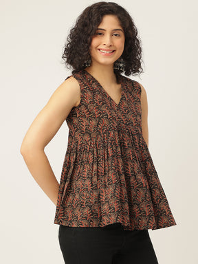 Black Printed Sleeveless Alia Cut Cotton Top