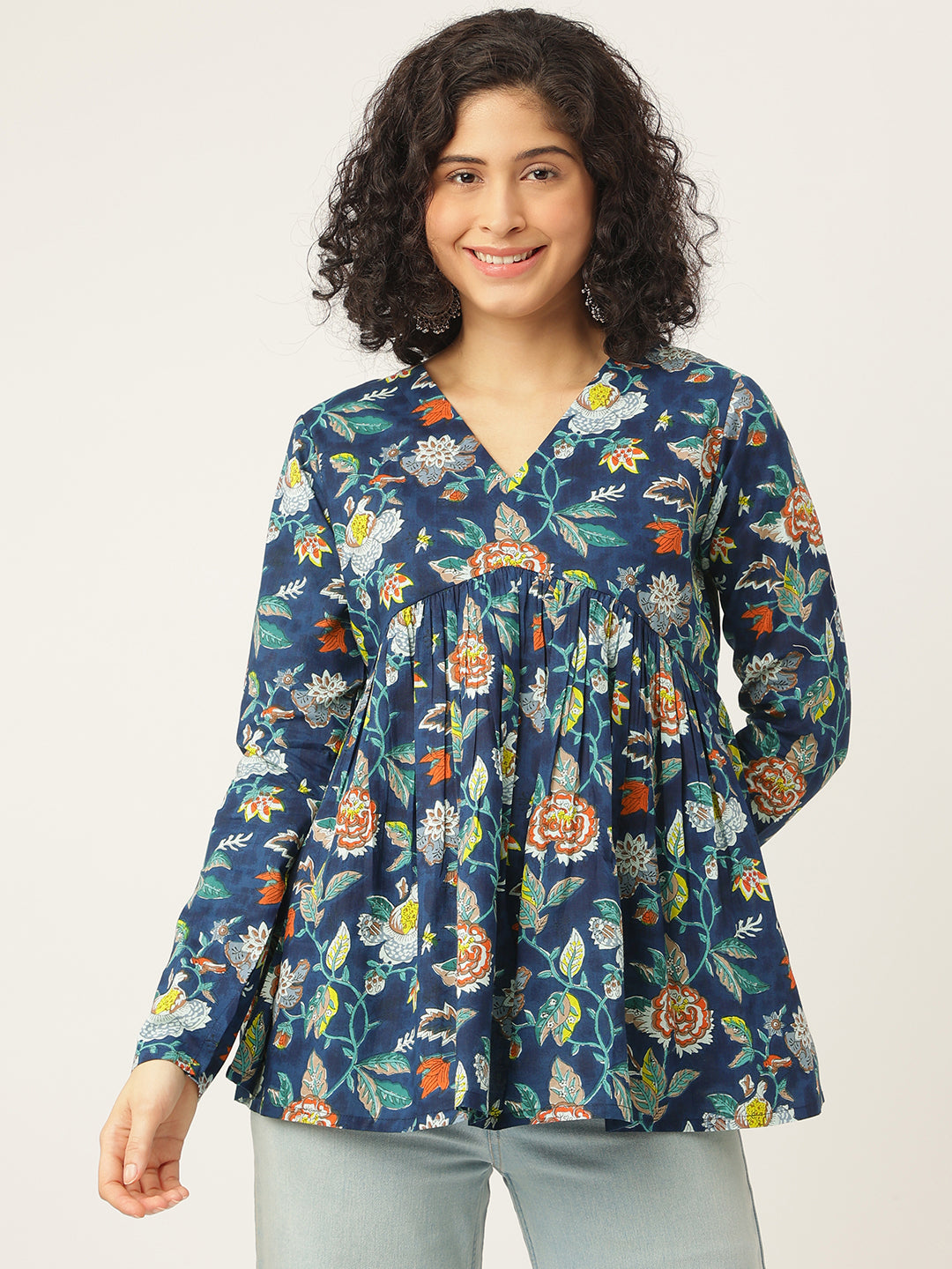 Blue Printed Full Sleeves Alia Cut Cotton Top