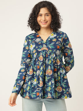 Blue Printed Full Sleeves Alia Cut Cotton Top