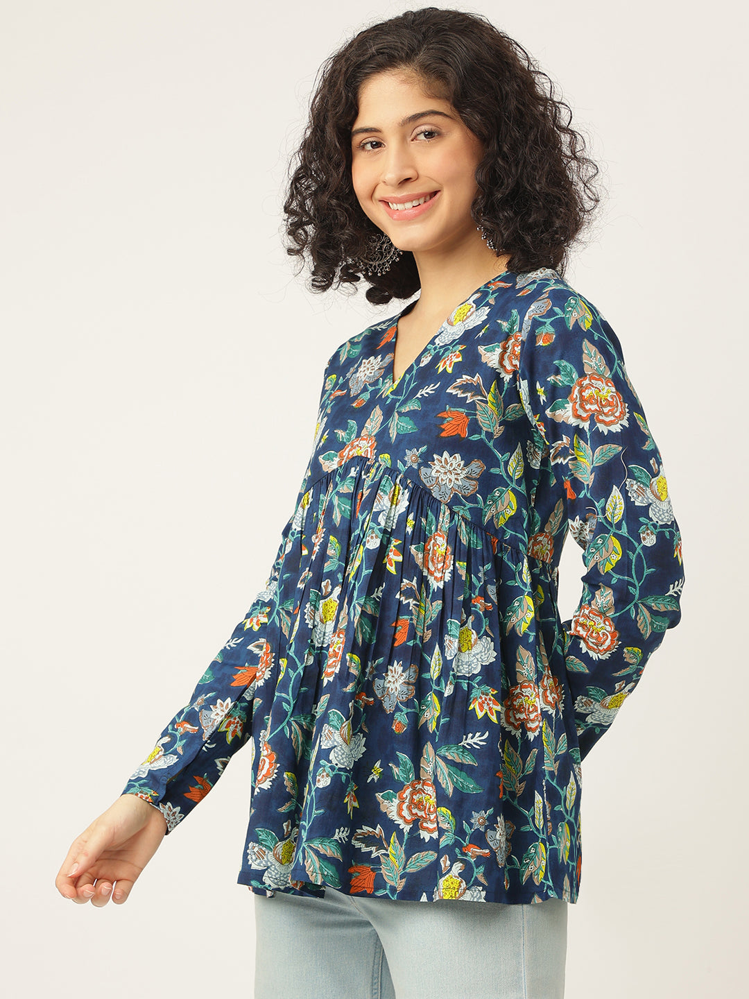 Blue Printed Full Sleeves Alia Cut Cotton Top